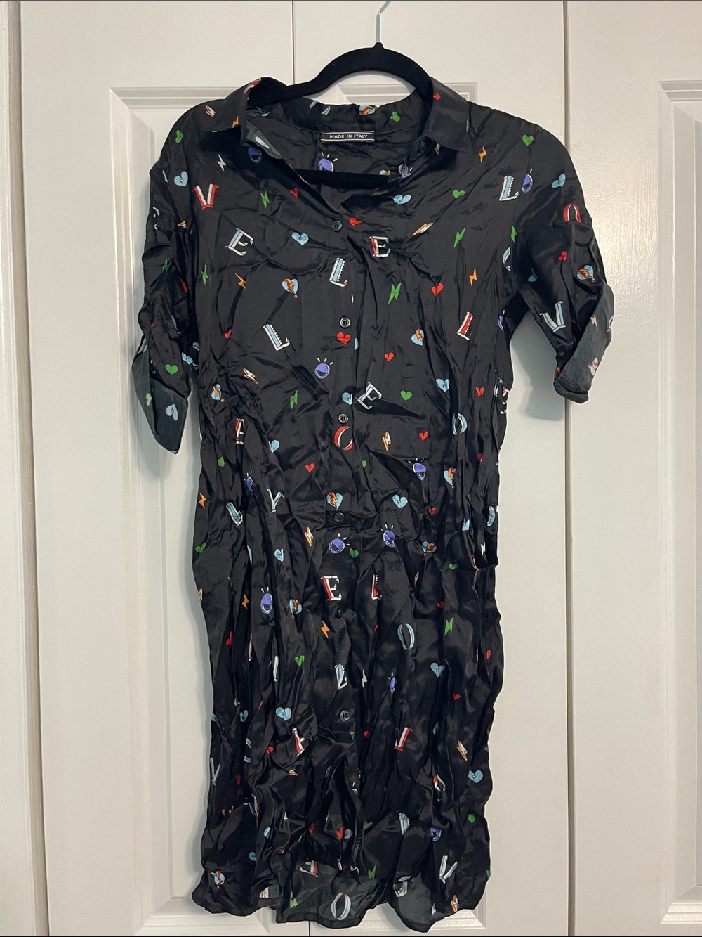 Black Patterned Shirt Dress - Colorful Hearts & Letters